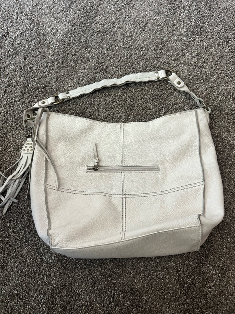 The Sak White Pebbled Leather Studded Hobo Bag Tassel GUC - Picture 4 of 9